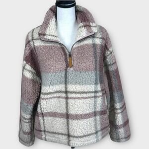 THREAD‎ & SUPPLY Dusty Mauve Plaid Sherpa Fleece Quarter Zip Pullover Jacket S